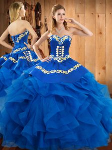 Blue Sleeveless Floor Length Embroidery and Ruffles Lace Up 15th Birthday Dress