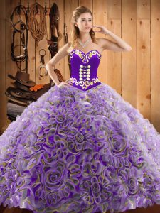 Affordable Satin and Fabric With Rolling Flowers Sweetheart Sleeveless Sweep Train Lace Up Embroidery 15th Birthday Dress in Multi-color