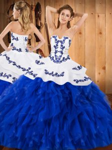 Classical Royal Blue 15th Birthday Dress Military Ball and Sweet 16 and Quinceanera with Embroidery and Ruffles Strapless Sleeveless Lace Up