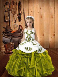 Floor Length Olive Green Pageant Gowns Straps Sleeveless Lace Up
