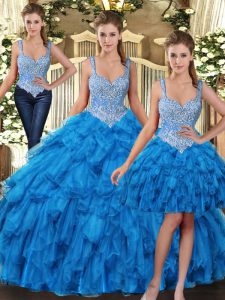Decent Teal Tulle Lace Up Straps Sleeveless Floor Length 15th Birthday Dress Beading and Ruffles