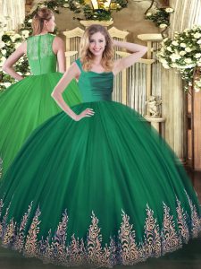 Dark Green 15th Birthday Dress Military Ball and Sweet 16 and Quinceanera with Lace and Appliques Straps Sleeveless Zipper