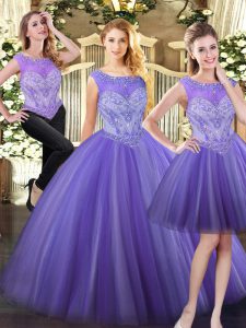 Traditional Lavender Three Pieces Tulle Scoop Sleeveless Beading Floor Length Zipper 15 Quinceanera Dress
