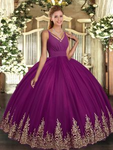 Colorful V-neck Sleeveless Tulle Quinceanera Gowns Appliques Backless