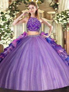 Colorful Multi-color Two Pieces Beading and Ruffles Quince Ball Gowns Zipper Tulle Sleeveless Floor Length