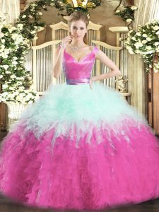 Discount V-neck Sleeveless Sweet 16 Quinceanera Dress Floor Length Ruffles Multi-color Organza