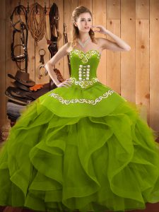 Olive Green Sweetheart Neckline Embroidery and Ruffles Quince Ball Gowns Sleeveless Lace Up