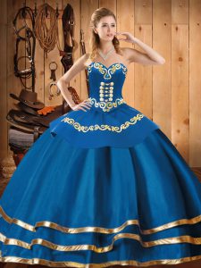 Blue Ball Gowns Embroidery Quinceanera Dress Lace Up Organza Sleeveless Floor Length