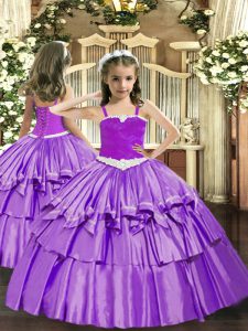 Excellent Lavender Organza Lace Up Pageant Dress for Girls Sleeveless Floor Length Appliques and Ruffled Layers