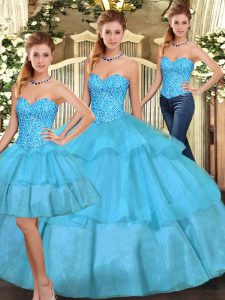 Fashion Aqua Blue Sleeveless Organza Lace Up 15th Birthday Dress for Military Ball and Sweet 16 and Quinceanera