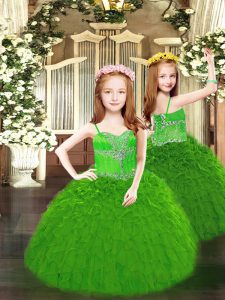 Custom Design Floor Length Green Pageant Dresses Spaghetti Straps Sleeveless Lace Up