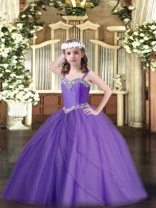 Custom Fit Straps Sleeveless Tulle Little Girls Pageant Gowns Beading Sweep Train Lace Up