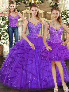 Fancy Straps Sleeveless Lace Up Quinceanera Gown Purple Organza