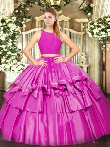 Cheap Floor Length Zipper Sweet 16 Dresses Fuchsia for Military Ball and Sweet 16 and Quinceanera with Ruffled Layers