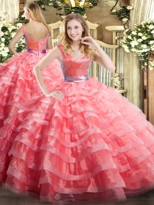 Designer Floor Length Ball Gowns Sleeveless Watermelon Red 15 Quinceanera Dress Zipper