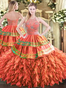 Rust Red Tulle Zipper Quince Ball Gowns Sleeveless Floor Length Beading and Ruffles and Sequins