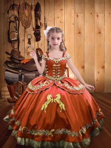 Off The Shoulder Sleeveless Lace Up Kids Formal Wear Rust Red Satin