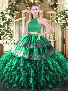 Custom Fit Dark Green Sleeveless Floor Length Beading and Embroidery and Ruffles Backless Quinceanera Dresses