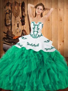 Turquoise Satin and Organza Lace Up 15th Birthday Dress Sleeveless Floor Length Embroidery and Ruffles
