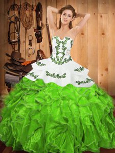 Satin and Organza Strapless Sleeveless Lace Up Embroidery and Ruffles 15 Quinceanera Dress in