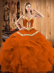 Sophisticated Rust Red Ball Gowns Embroidery and Ruffles Quinceanera Dress Lace Up Satin and Organza Sleeveless Floor Length