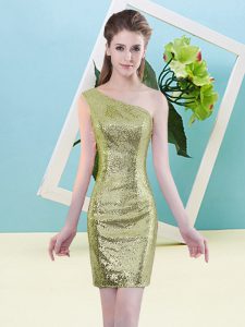 Delicate Column/Sheath Prom Gown Yellow Green One Shoulder Sequined Sleeveless Mini Length Zipper