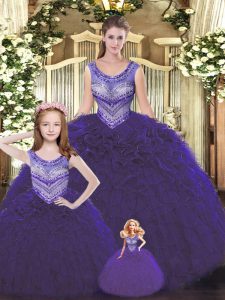 Glittering Dark Purple Sleeveless Beading and Ruffles Floor Length Sweet 16 Dress