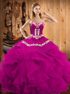 Sweet Floor Length Lace Up Ball Gown Prom Dress Fuchsia for Military Ball and Sweet 16 and Quinceanera with Embroidery and Ruffles