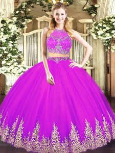 Floor Length Fuchsia Quinceanera Gowns Tulle Sleeveless Beading and Appliques
