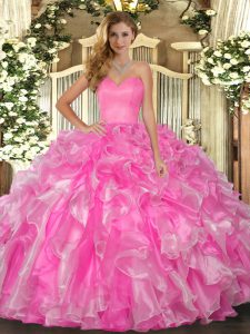 High Class Rose Pink Lace Up Sweetheart Beading and Ruffles Quinceanera Gowns Organza Sleeveless