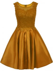 Brown A-line Satin Scoop Sleeveless Lace Mini Length Zipper Dama Dress for Quinceanera