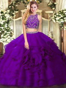 Sweet Sleeveless Zipper Floor Length Beading and Ruffled Layers Quince Ball Gowns