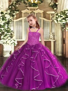 Tulle Straps Sleeveless Lace Up Beading and Ruffles Pageant Dress for Womens in Purple