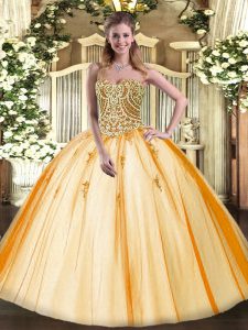 Designer Gold Quinceanera Gowns Military Ball and Sweet 16 and Quinceanera with Beading Sweetheart Sleeveless Lace Up