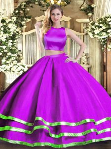 Dazzling Purple Two Pieces Tulle High-neck Sleeveless Ruching Floor Length Criss Cross Sweet 16 Quinceanera Dress