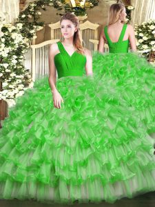 Attractive Green Sleeveless Floor Length Ruffled Layers Zipper Quinceanera Gowns