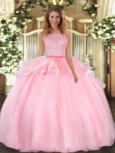 New Style Pink Organza Clasp Handle Scoop Sleeveless Floor Length Quinceanera Dress Lace
