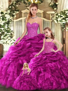 Ball Gowns 15th Birthday Dress Fuchsia Sweetheart Organza Sleeveless Floor Length Lace Up