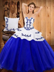 Royal Blue Tulle Lace Up Strapless Sleeveless Floor Length Ball Gown Prom Dress Embroidery