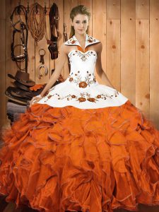 Cute Halter Top Sleeveless Lace Up Quinceanera Gown Orange Red Satin and Organza