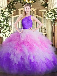 Dazzling Scoop Sleeveless Quinceanera Gown Floor Length Ruffles Multi-color Organza