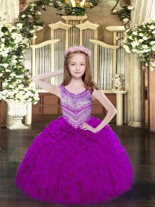 Nice Fuchsia Ball Gowns Scoop Sleeveless Organza Floor Length Lace Up Beading and Ruffles Pageant Dresses