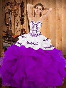 Custom Made Floor Length Lace Up Quince Ball Gowns Purple for Military Ball and Sweet 16 and Quinceanera with Embroidery and Ruffles
