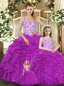 Custom Design Floor Length Lace Up Sweet 16 Quinceanera Dress Fuchsia for Military Ball and Sweet 16 and Quinceanera with Beading and Ruffles