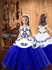 New Style Straps Sleeveless Pageant Dress for Teens Floor Length Embroidery Blue Organza