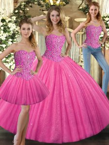Hot Pink Sleeveless Tulle Lace Up 15th Birthday Dress for Military Ball and Sweet 16 and Quinceanera