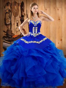 Satin and Organza Sweetheart Sleeveless Lace Up Embroidery and Ruffles 15 Quinceanera Dress in Royal Blue