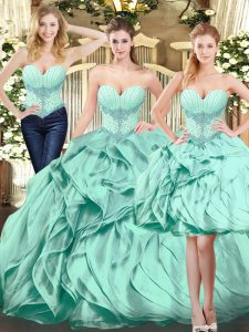 Sleeveless Floor Length Beading and Ruffles Lace Up Ball Gown Prom Dress with Apple Green