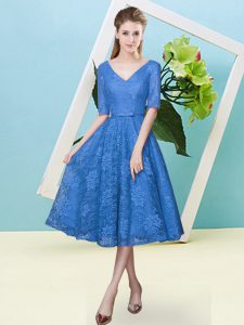 Glorious Blue Half Sleeves Lace Lace Up Bridesmaid Dresses for Prom and Party and Wedding Party