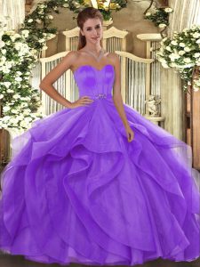 Captivating Floor Length Lavender Sweet 16 Quinceanera Dress Tulle Sleeveless Beading and Ruffles